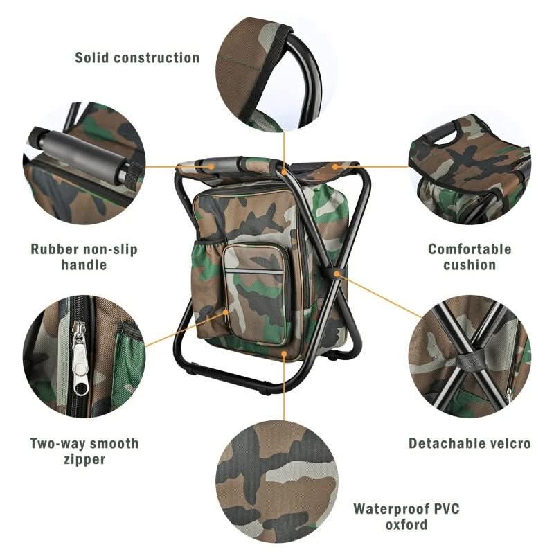 TrailChair 3-in-1 camouflage rugzak met opvouwbare stoel en koelbox voor buitengebruik