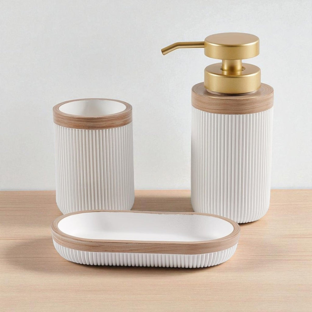 Ceravia Weißes Badezimmer-Set mit Seifenschale, Spender und Becher