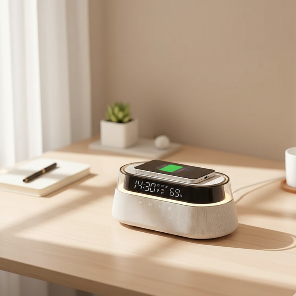Kompakter Bluetooth-Lautsprecher mit Wecker für den Nachttischgebrauch