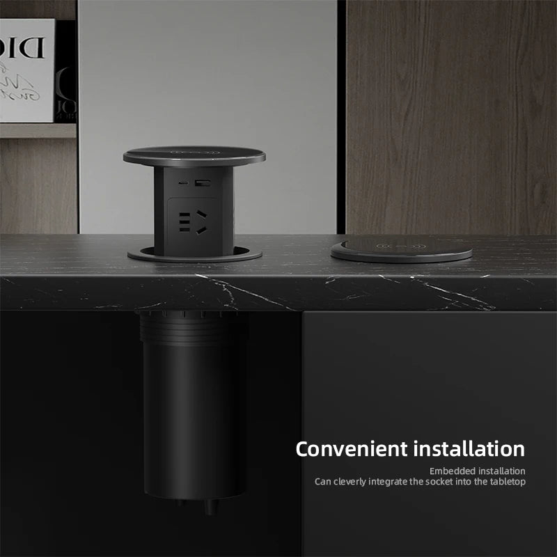 Automatisk pop-up bordstik med USB-C, trådløs opladning og global stikadapter