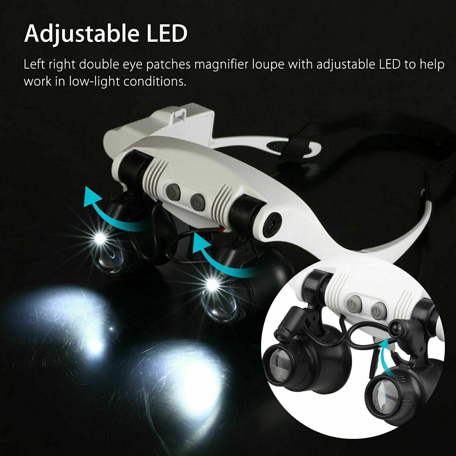 Justerbar pandelup med LED-lys og 8 linser – Perfekt til smykker, urreparation og gravering