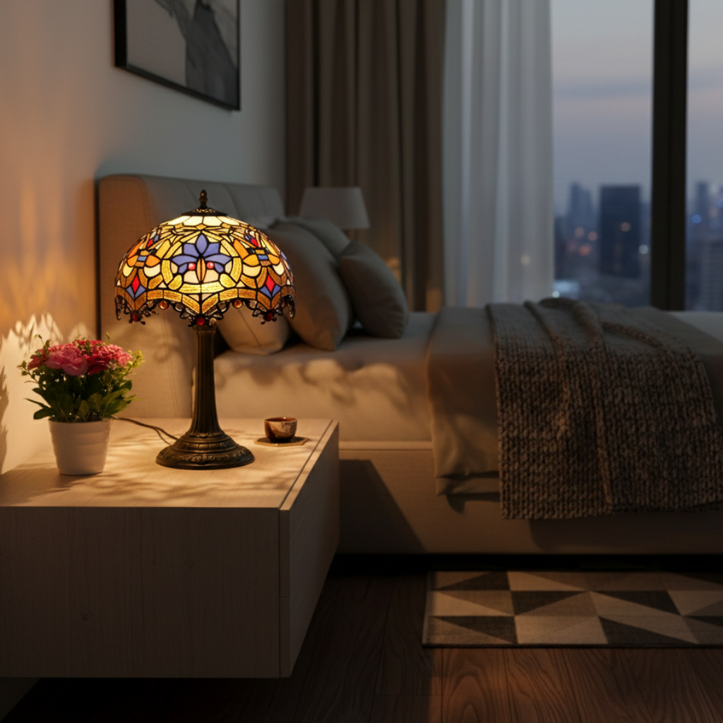 Antique Table Lamp With Stained Glass Design For Home