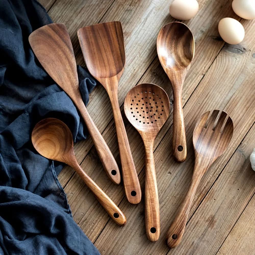 Naturlig teak kjøkkenredskapssett, ripefritt, elegant for hjemme-kokker