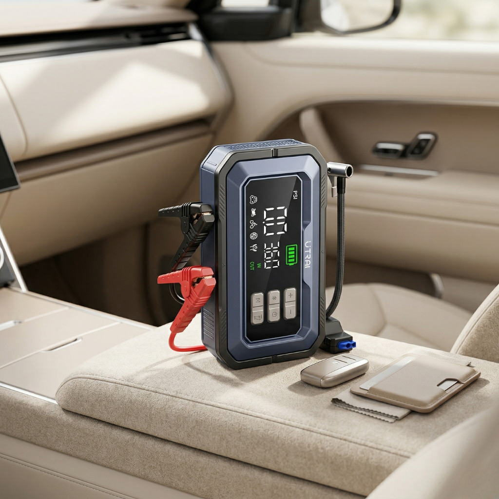 Startér do auta s kompresorem vzduchu pro nouzové napájení na silnici