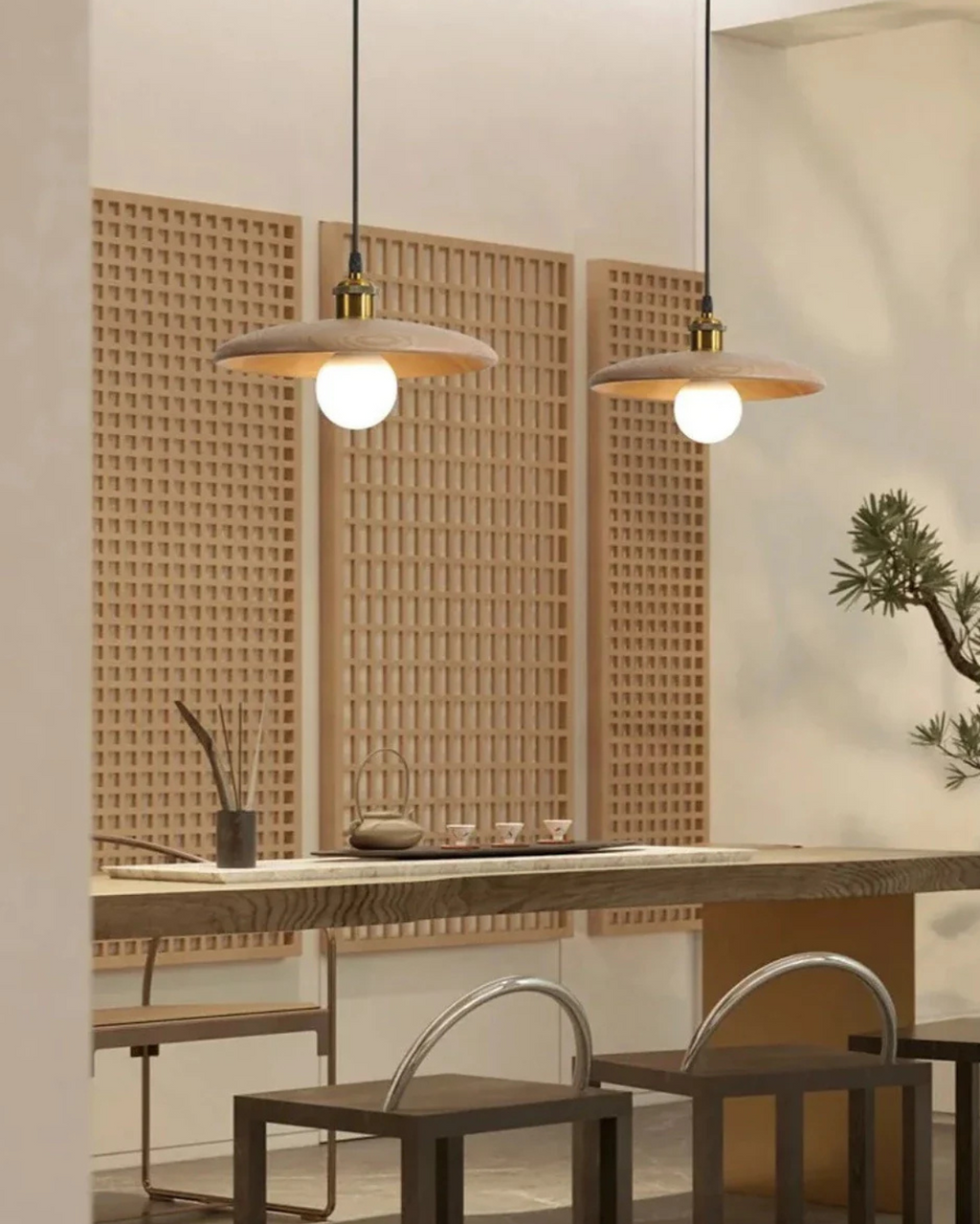 Norumi | Pendant Light with Slim Wooden Shade in Japandi Zen Style | Orntli
