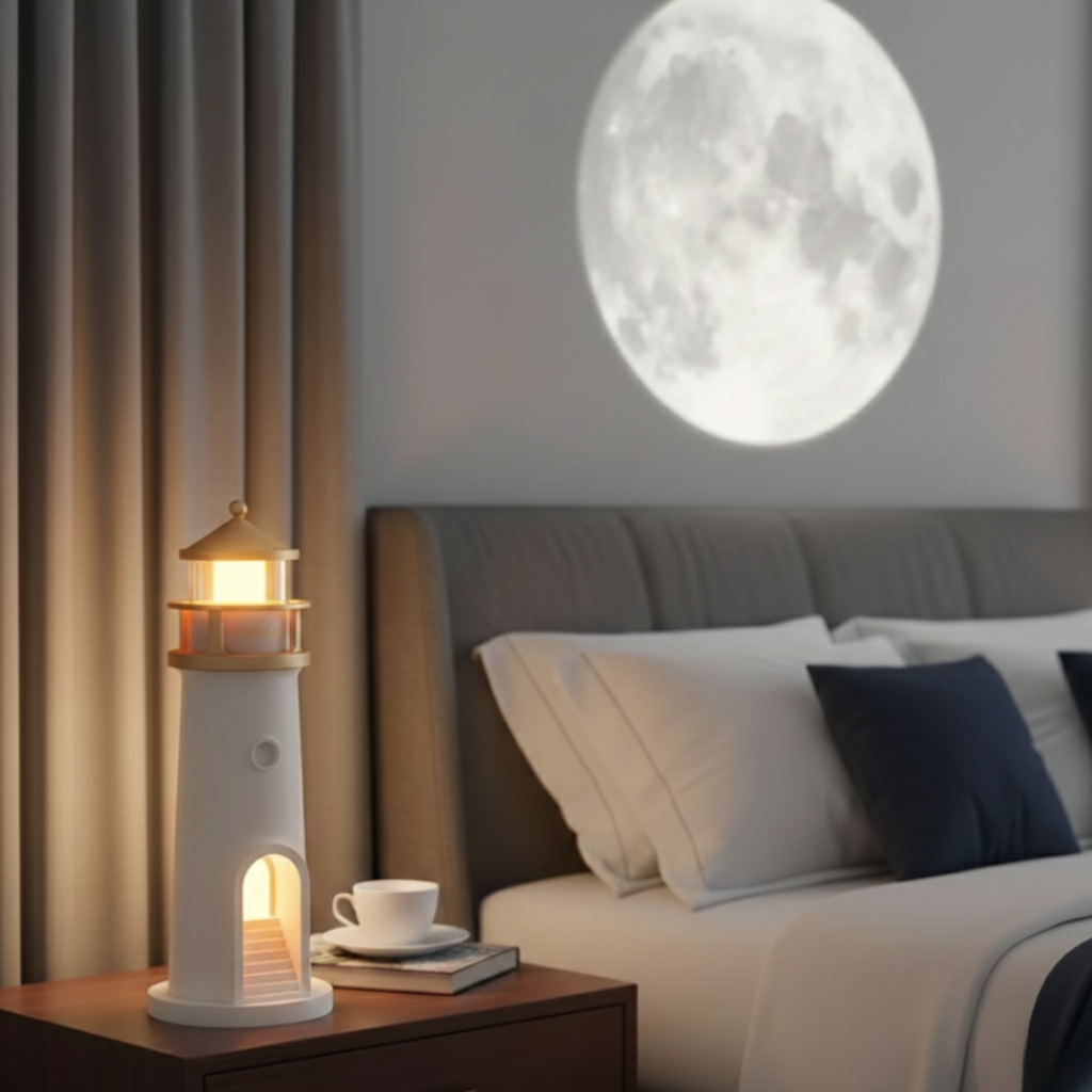 Lampa majáku s projektorem a reproduktorem pro útulnou noční atmosféru