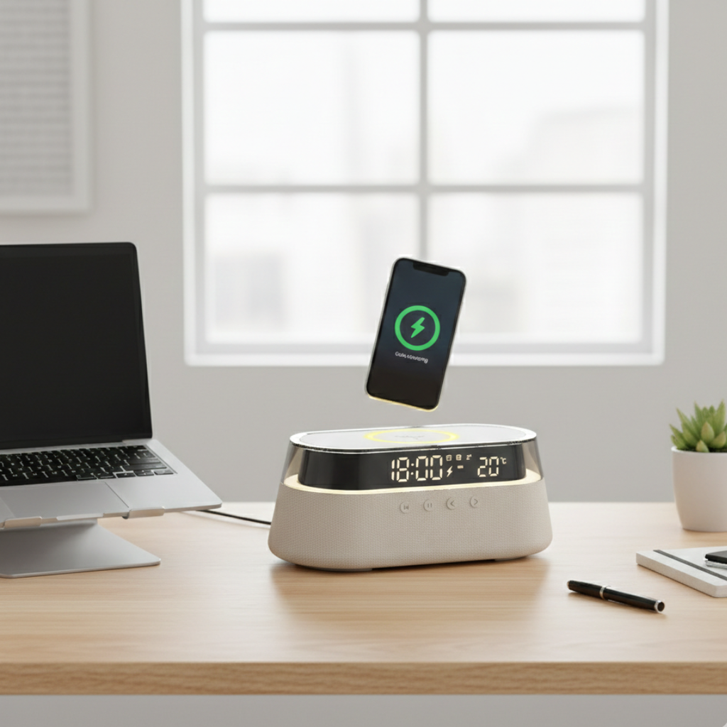 Kompakter Bluetooth-Lautsprecher mit Wecker für den Nachttischgebrauch