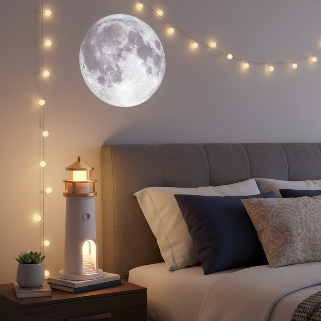 Lampa majáku s projektorem a reproduktorem pro útulnou noční atmosféru