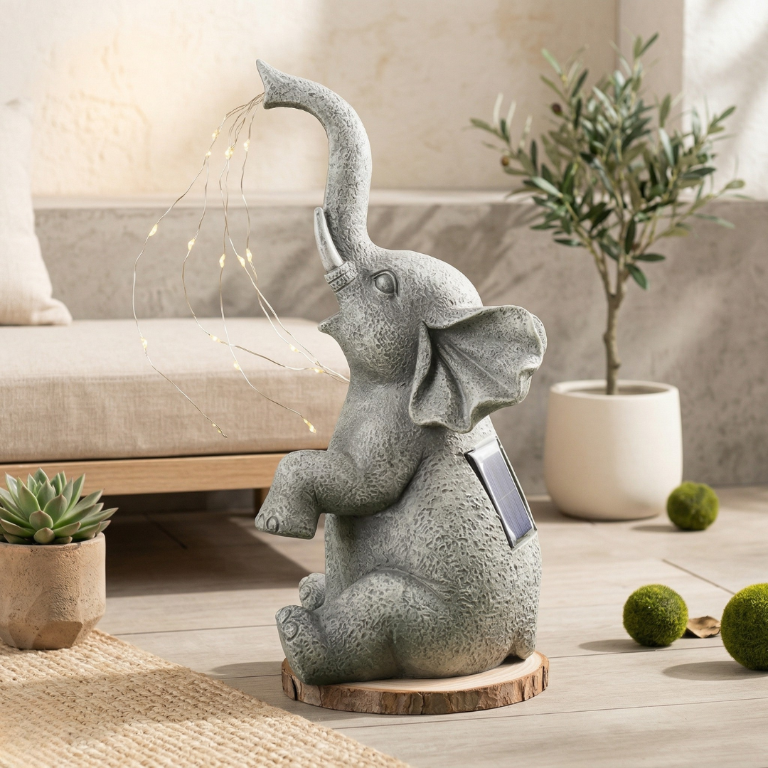 Outdoor Garden Decor Elephant With Solar-Powered Lights