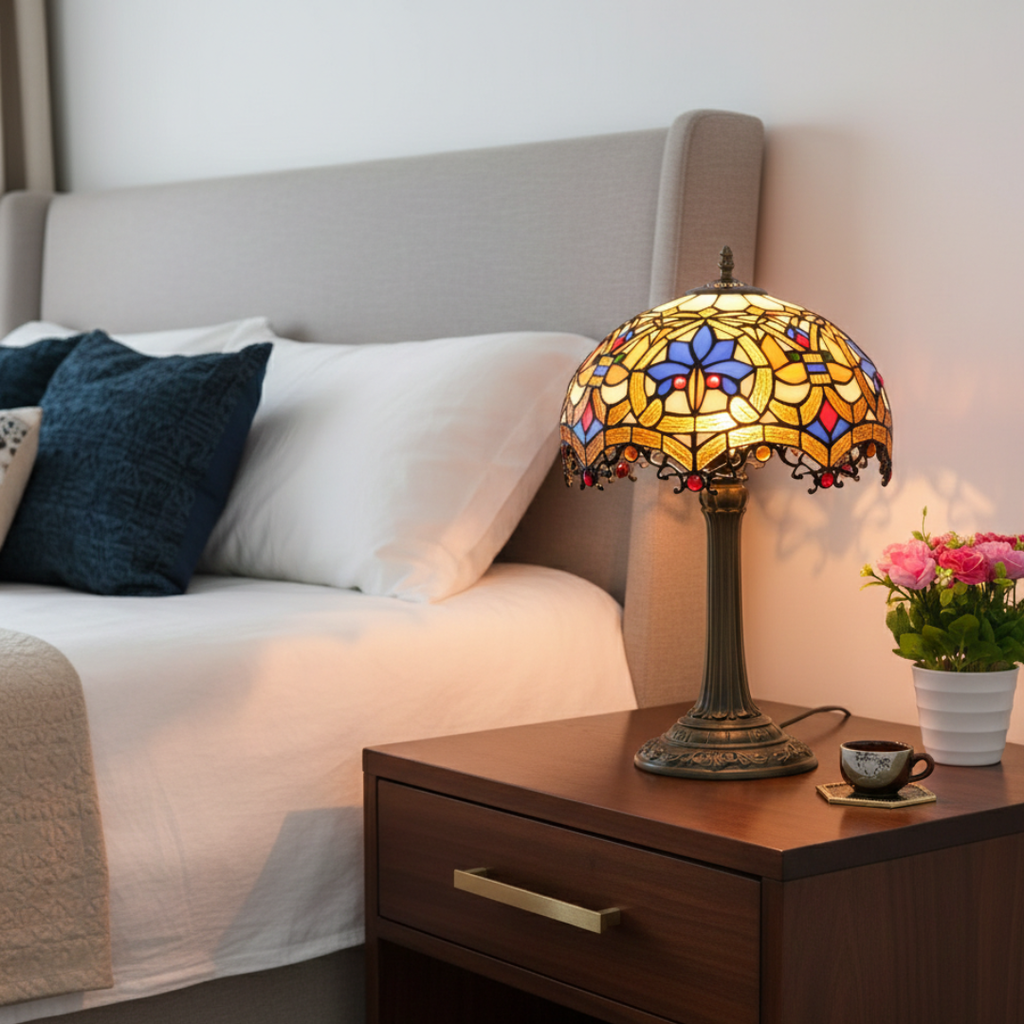 Antique Table Lamp With Stained Glass Design For Home