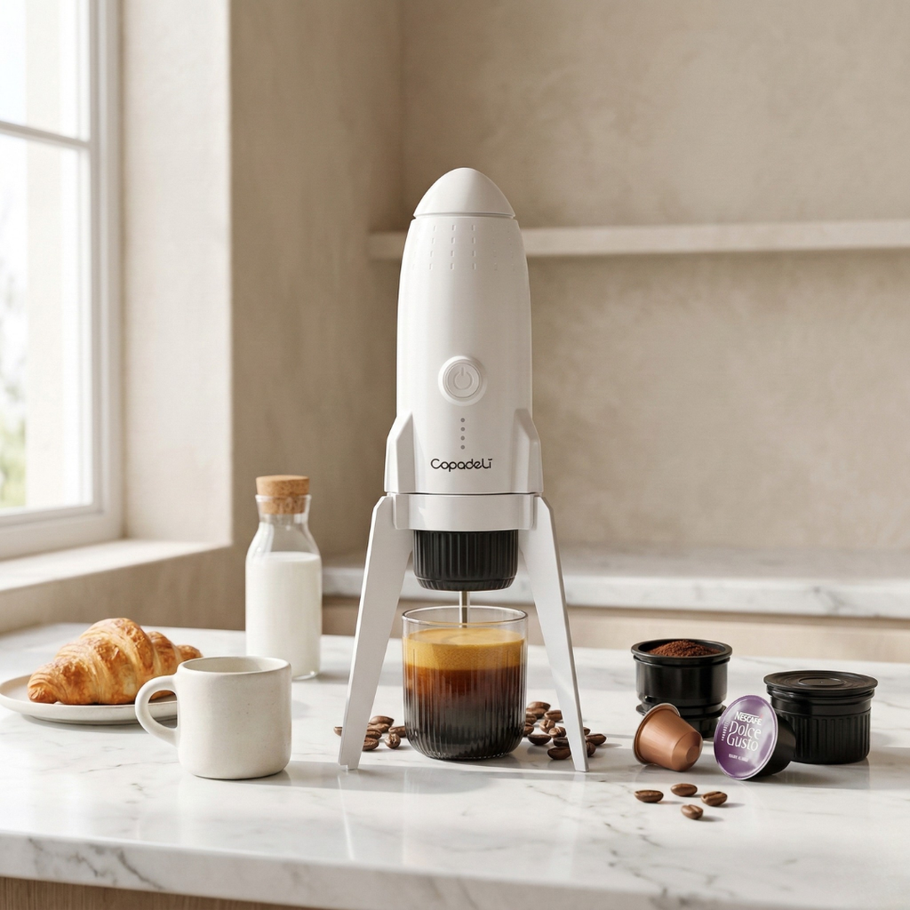 Cestovní automatický espresso kávovar s vlastním ohřevem pro mletou kávu nebo kapsle