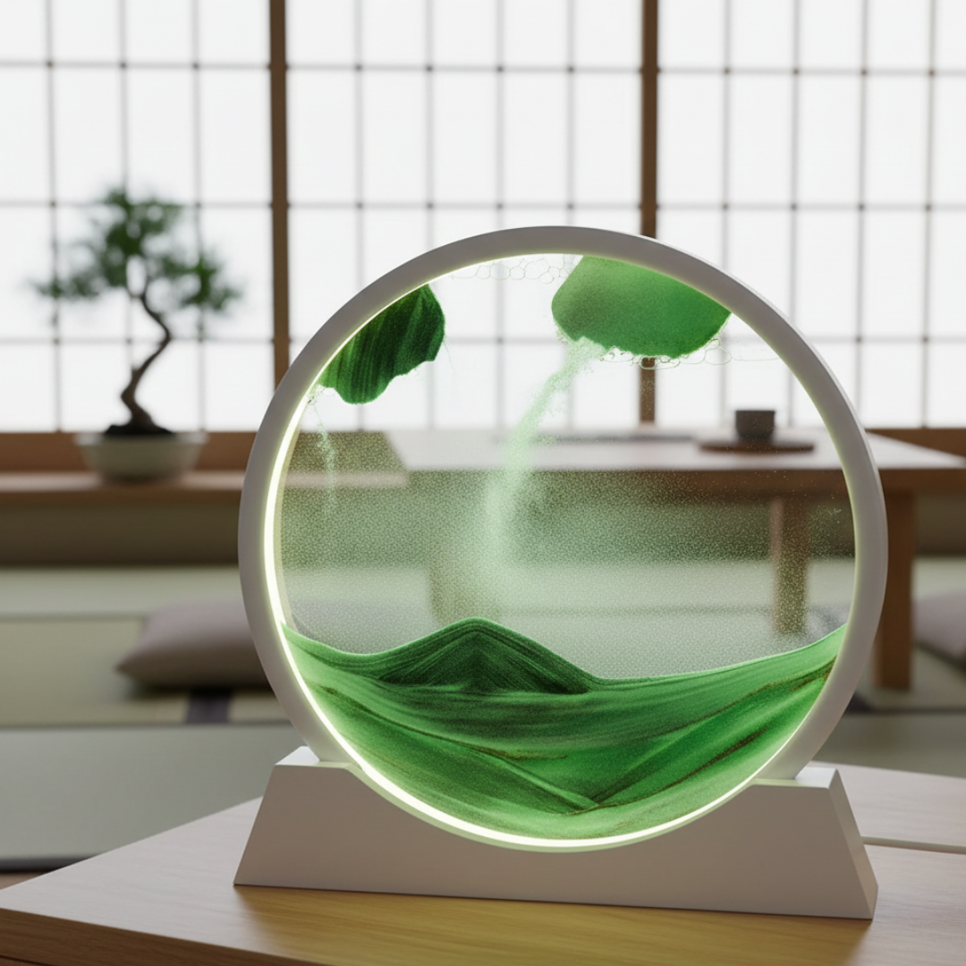 Tableau d'art de sable mouvant 3D dans un cadre en verre rond pour une décoration fascinante
