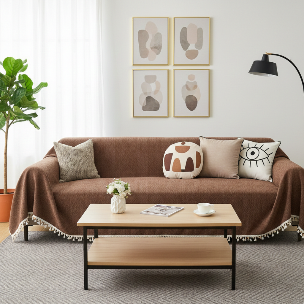 Housse de canapé à motif chevron avec pompons pour décoration style bohème