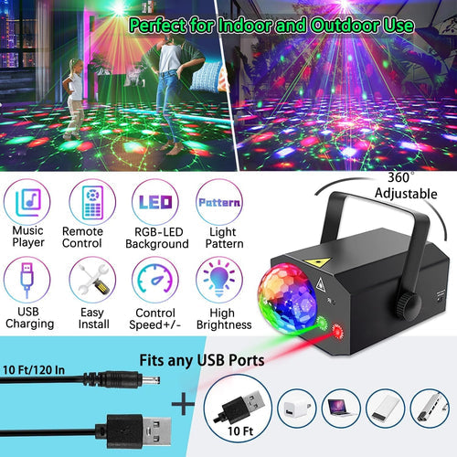 To-i-én laser-disco-lys med lydaktiveret stroboskop og fjernbetjening