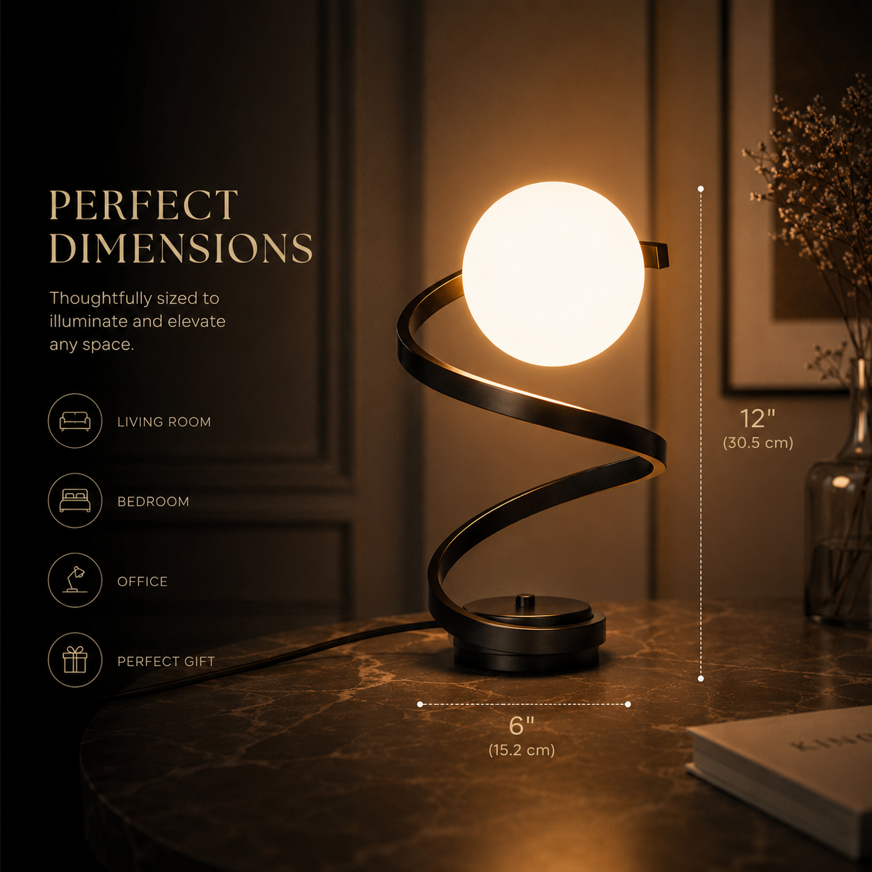 Compact 12-Inch Glass LED Bedside Lamp For Nightstands