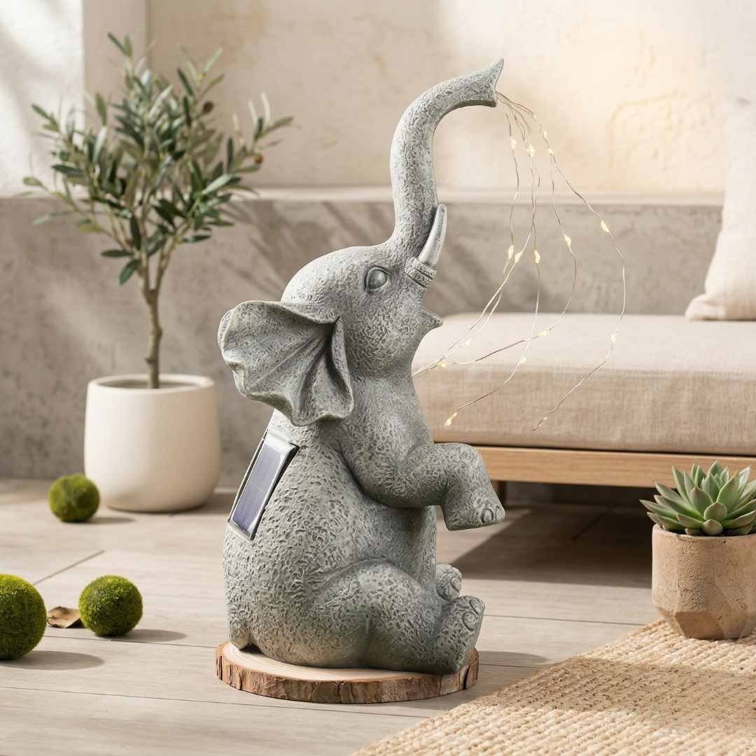 Outdoor Garden Decor Elephant With Solar-Powered Lights