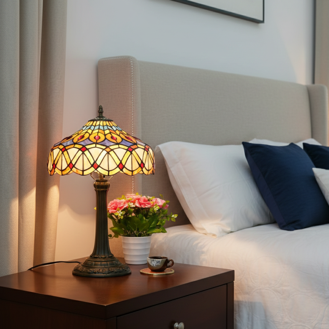 Antique Table Lamp With Stained Glass Design For Home