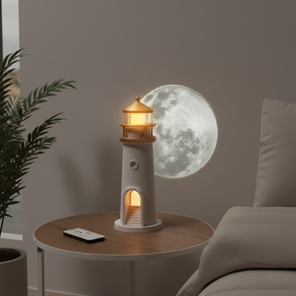 Lampa majáku s projektorem a reproduktorem pro útulnou noční atmosféru