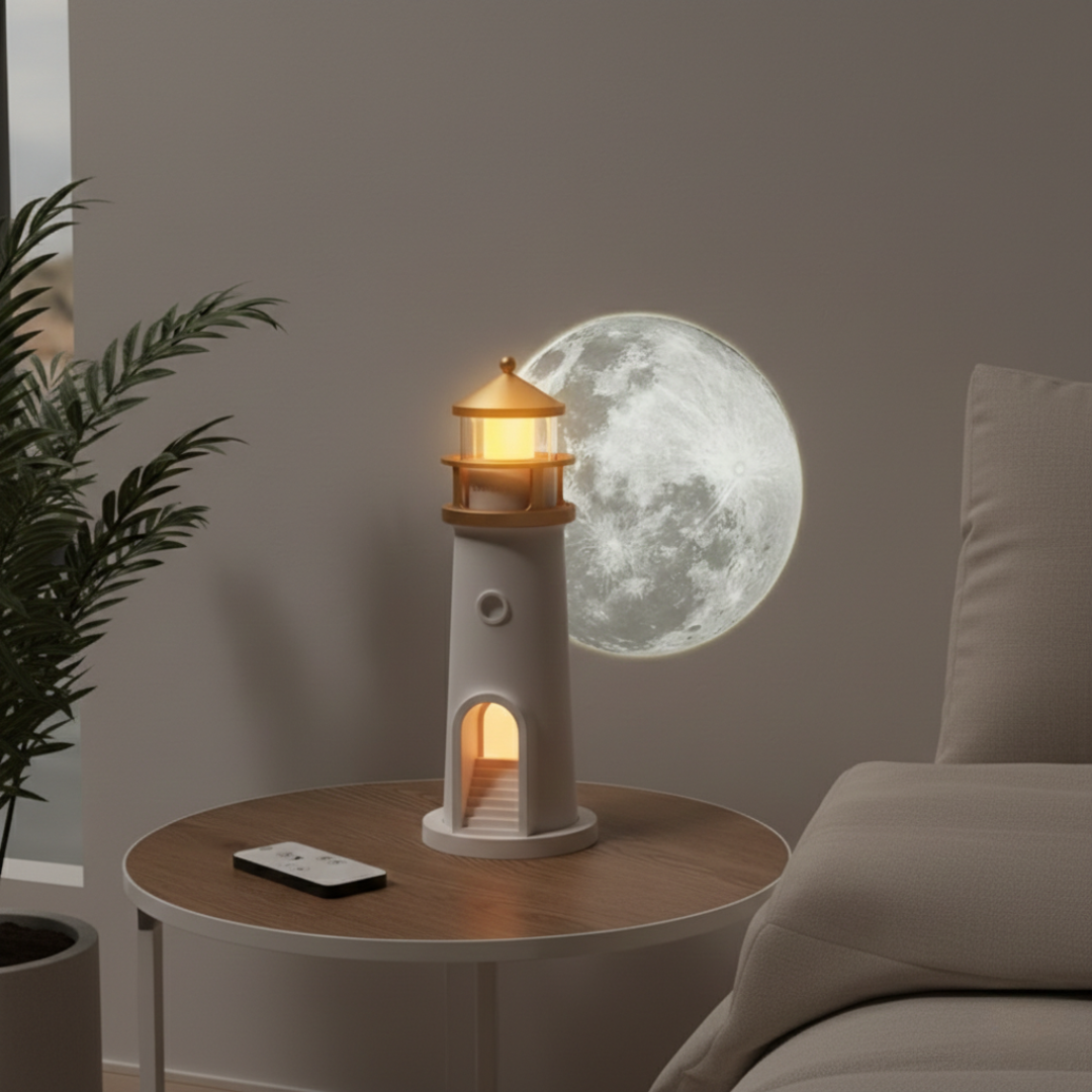 Lampa majáku s projektorem a reproduktorem pro útulnou noční atmosféru