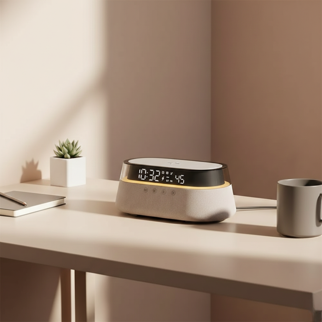Kompakter Bluetooth-Lautsprecher mit Wecker für den Nachttischgebrauch