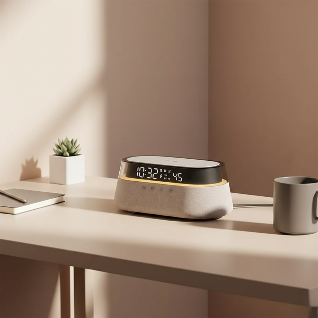 Kompakter Bluetooth-Lautsprecher mit Wecker für den Nachttischgebrauch
