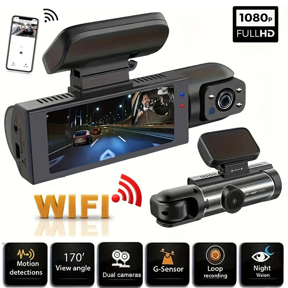 1080P WiFi Dual Dash Cam With Front and Interior IR Night Vision and Loop Recording