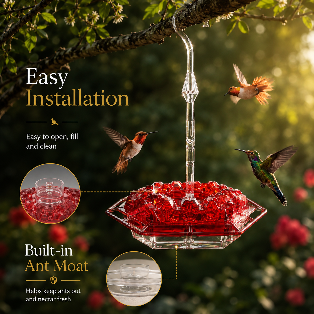 Kolibri-Futterspender mit ameisensicherer Barriere und auslaufsicherem Design