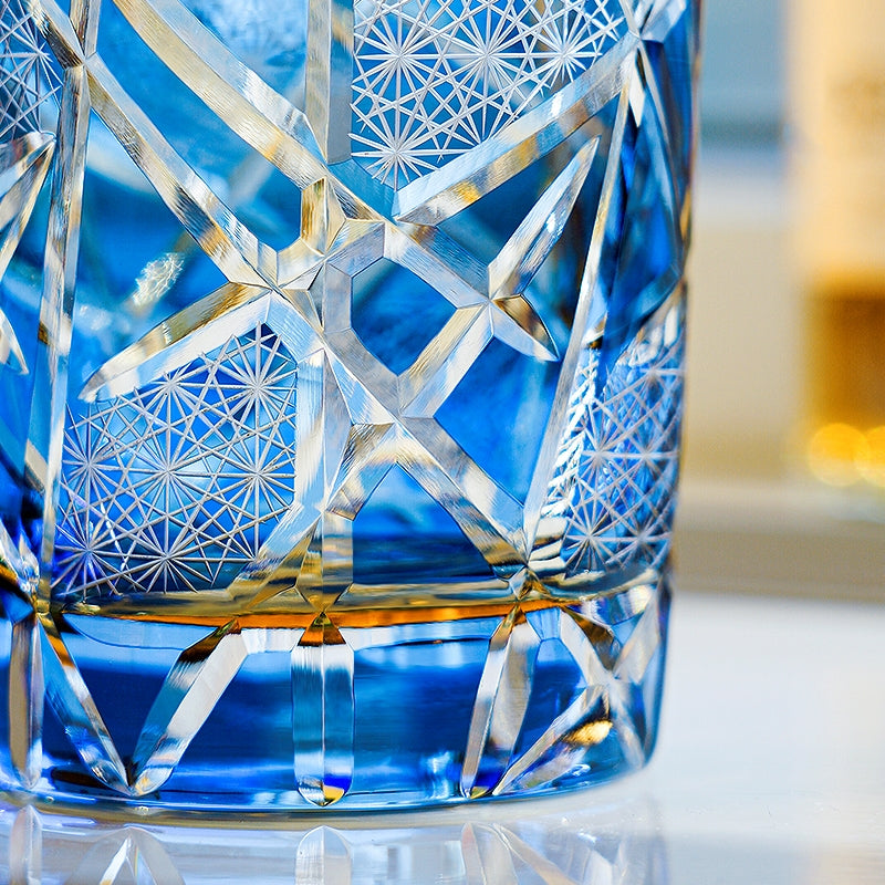 Edo Kiriko Håndlavet Whiskyglas med Trane og Lynmønster med Trææske