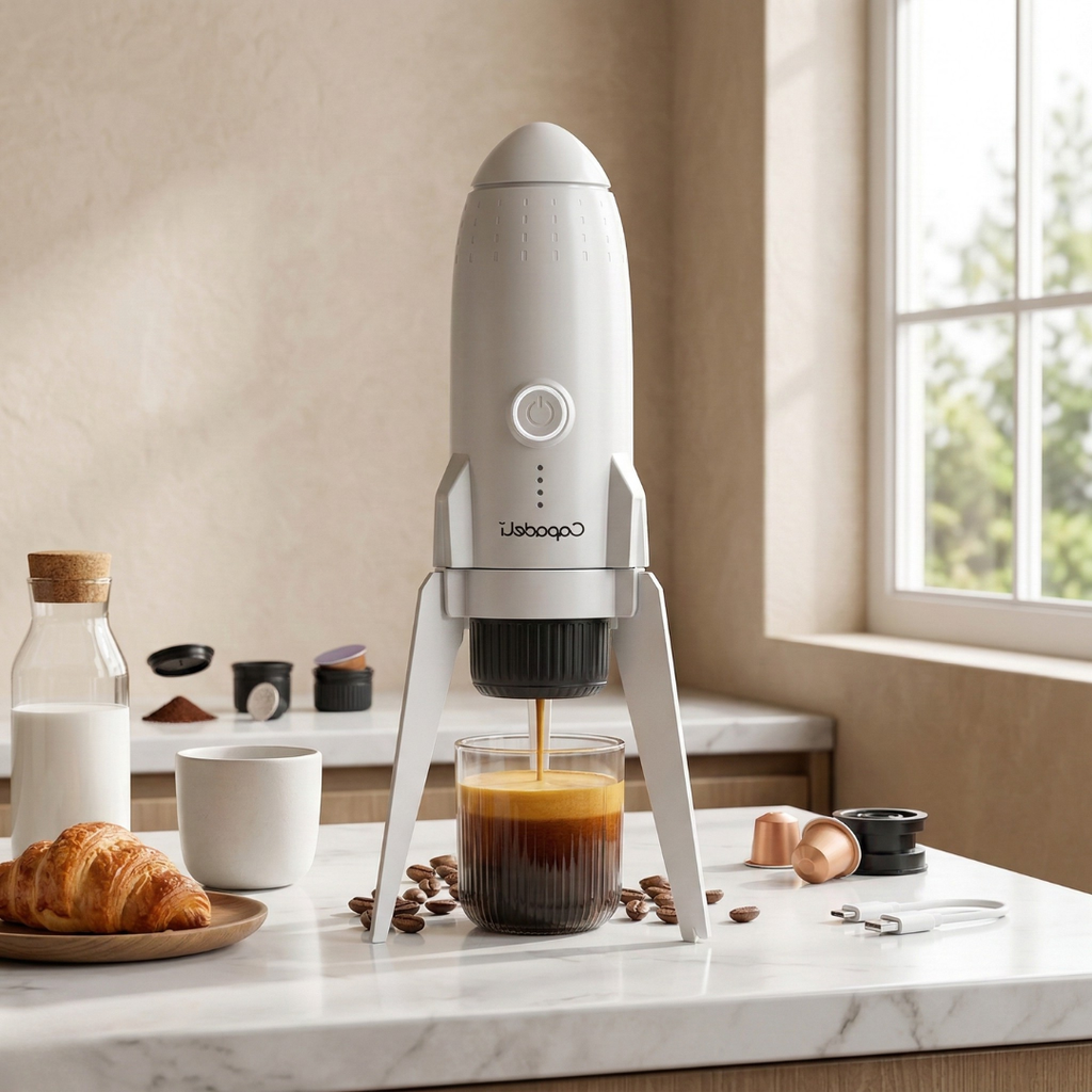 Cestovní automatický espresso kávovar s vlastním ohřevem pro mletou kávu nebo kapsle