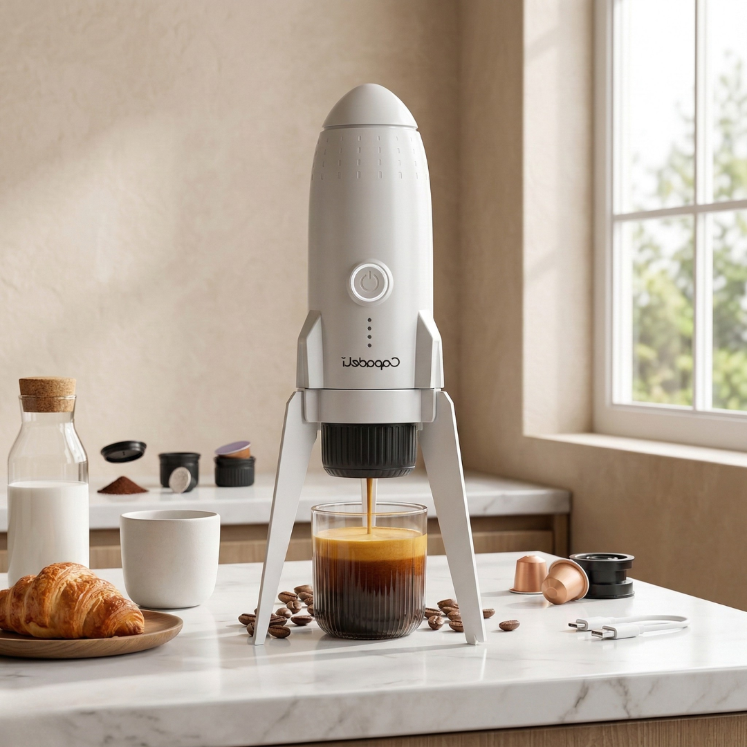 Cestovní automatický espresso kávovar s vlastním ohřevem pro mletou kávu nebo kapsle