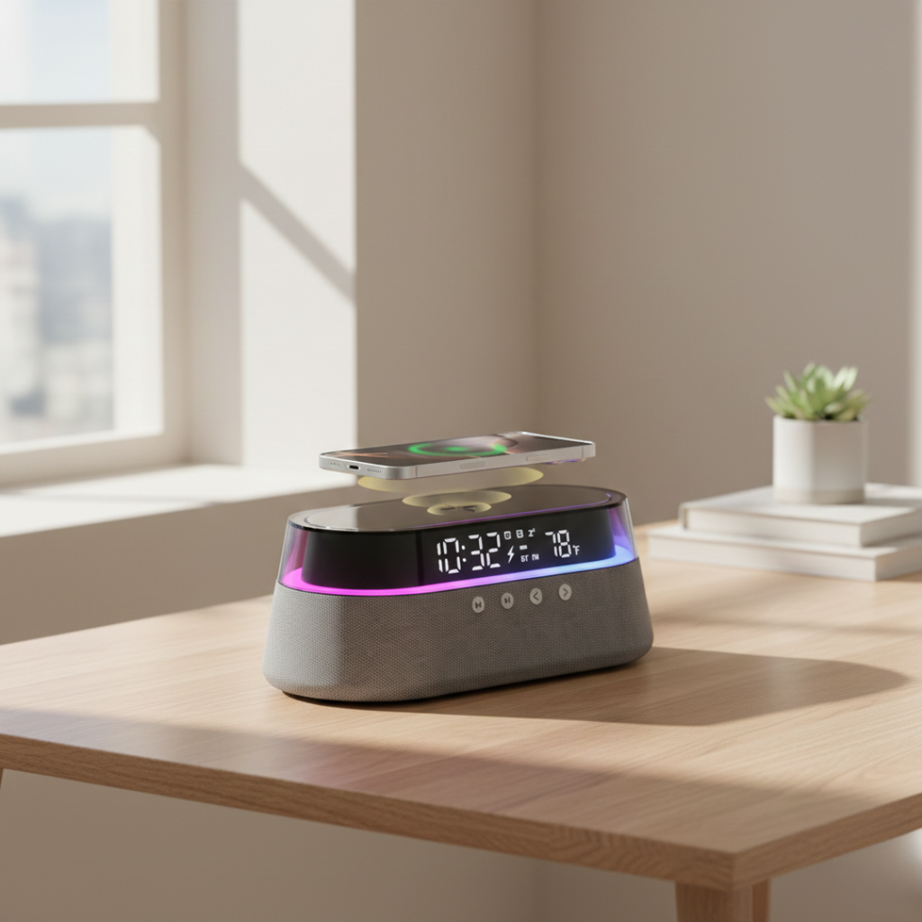 Kompakter Bluetooth-Lautsprecher mit Wecker für den Nachttischgebrauch