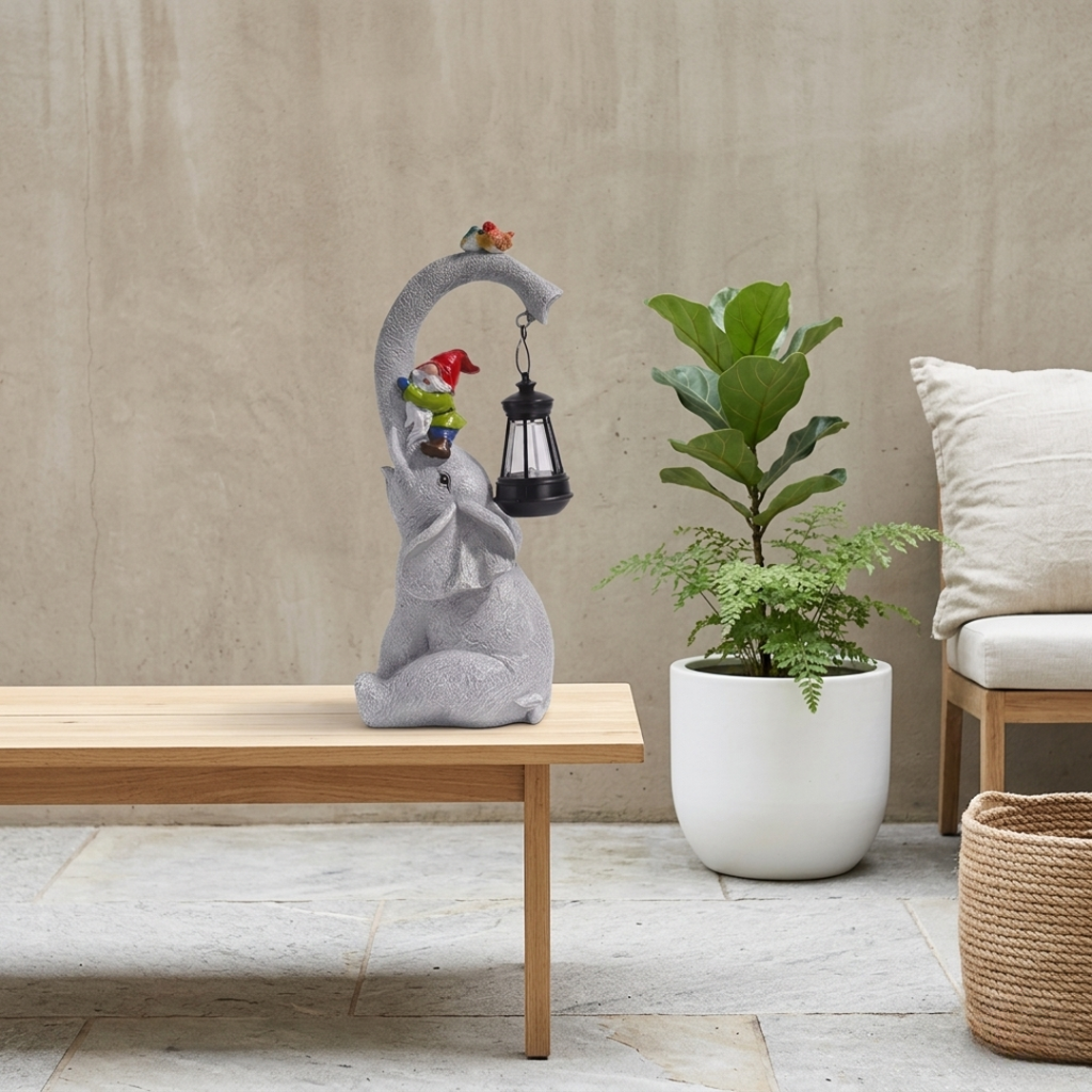 Lanterne de jardin féerique éléphant solaire avec une fée chevauchant un éléphant