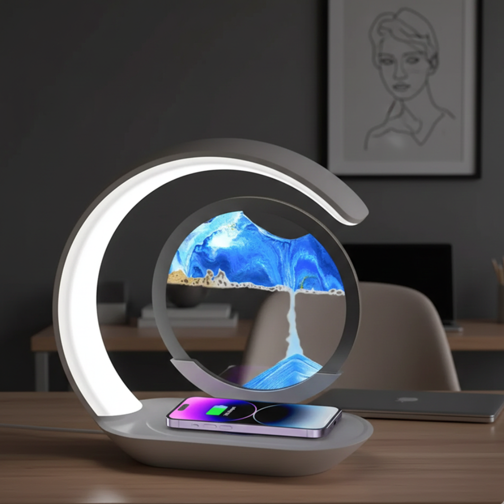 Sanduhr-LED-Tischlampe mit kabellosem Laden