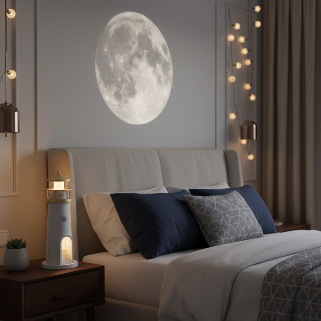 Lampa majáku s projektorem a reproduktorem pro útulnou noční atmosféru