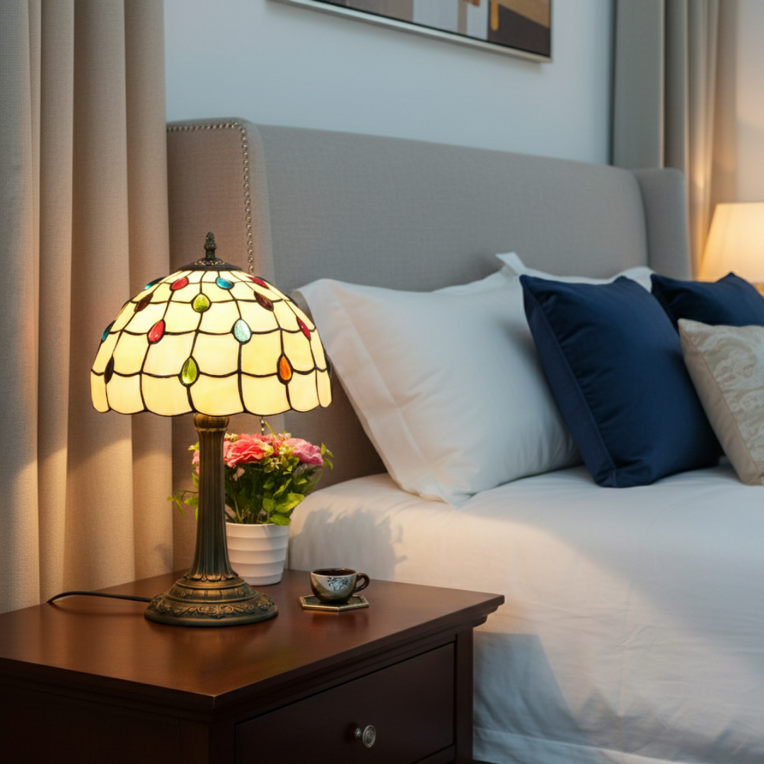 Antique Table Lamp With Stained Glass Design For Home