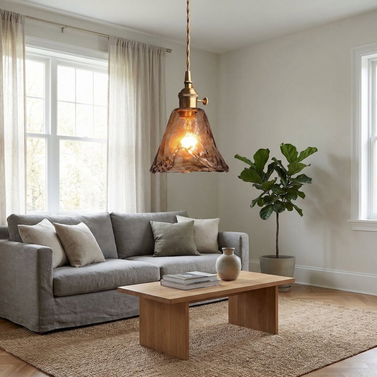 Závěsná lampa z jantarového skla ve vintage stylu, 12 palců