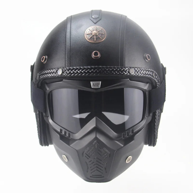Retro åbent vintage motorcykelhjelm med gogglemaske