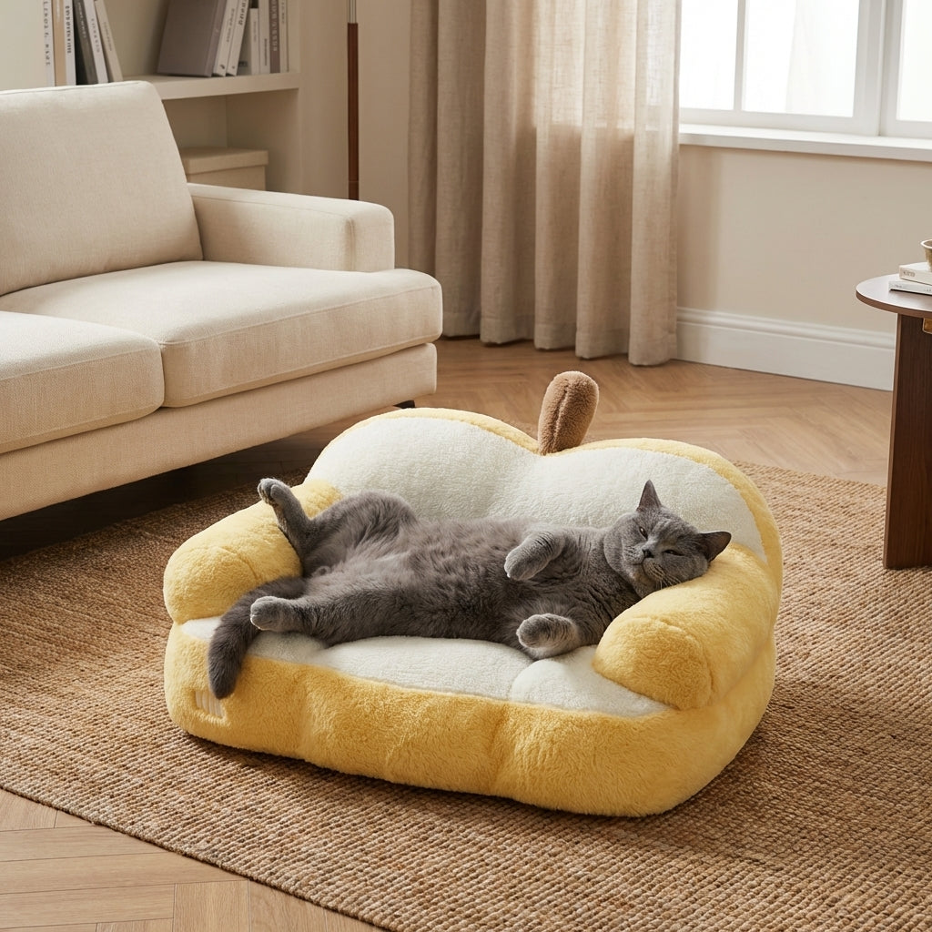 Eplesformet katte-sofa med kaninpels og avtakbart trekk