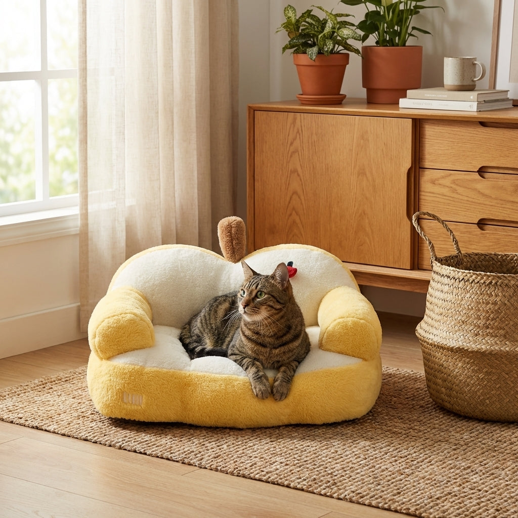 Eplesformet katte-sofa med kaninpels og avtakbart trekk