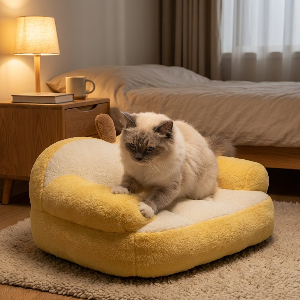Eplesformet katte-sofa med kaninpels og avtakbart trekk