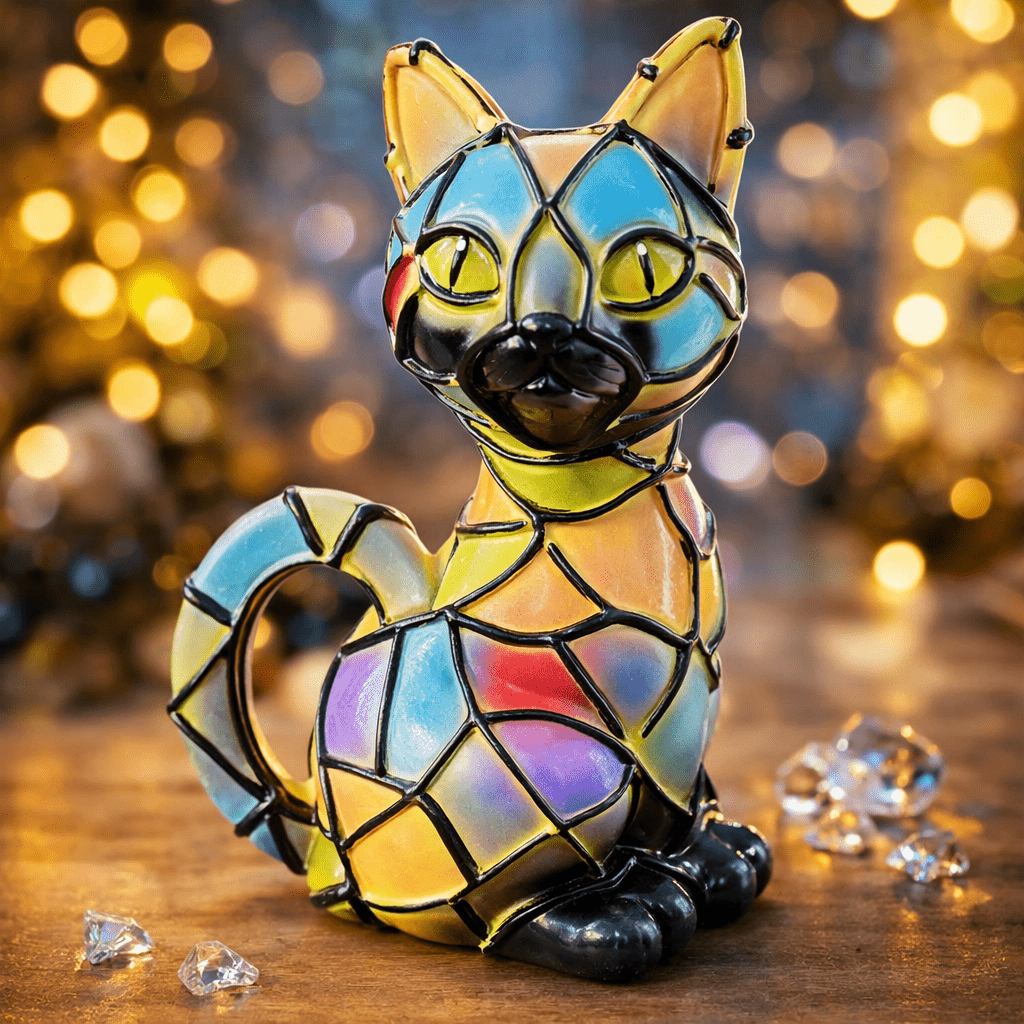 LumaCat művészi Tiffany macskalámpa meleg borostyán fényben