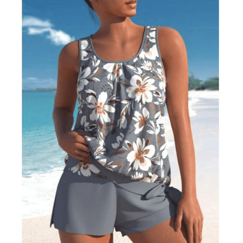 AzureBloom tofarvet blomster-tankini til elegant sommer-selvtillid til kvinder
