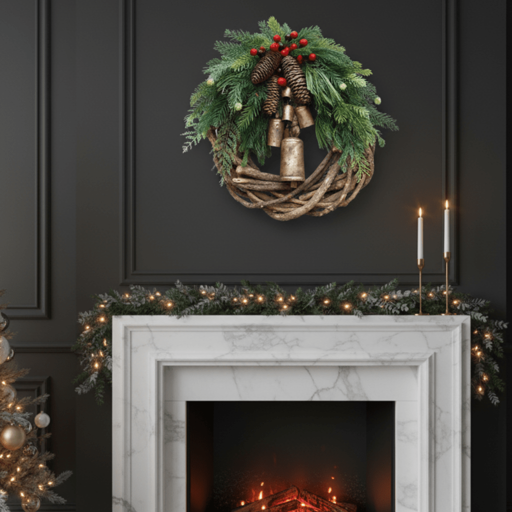Coroniță de Crăciun Boho Hearth Haven cu clopoței naturali și accente din lemn pentru decor boho