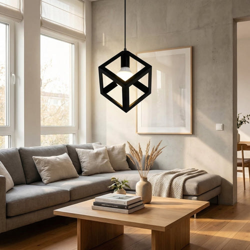 Czarna lampa wisząca w kształcie sześcianu o nowoczesnym nordyckim designie, wysokość 12 cali | compagnien