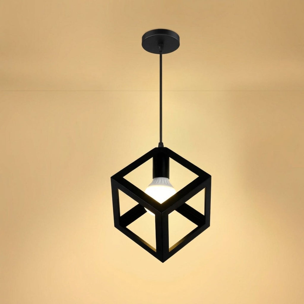 Lampa wisząca w kształcie sześcianu z czarnego metalu, nowoczesny design, wysokość 12 cali