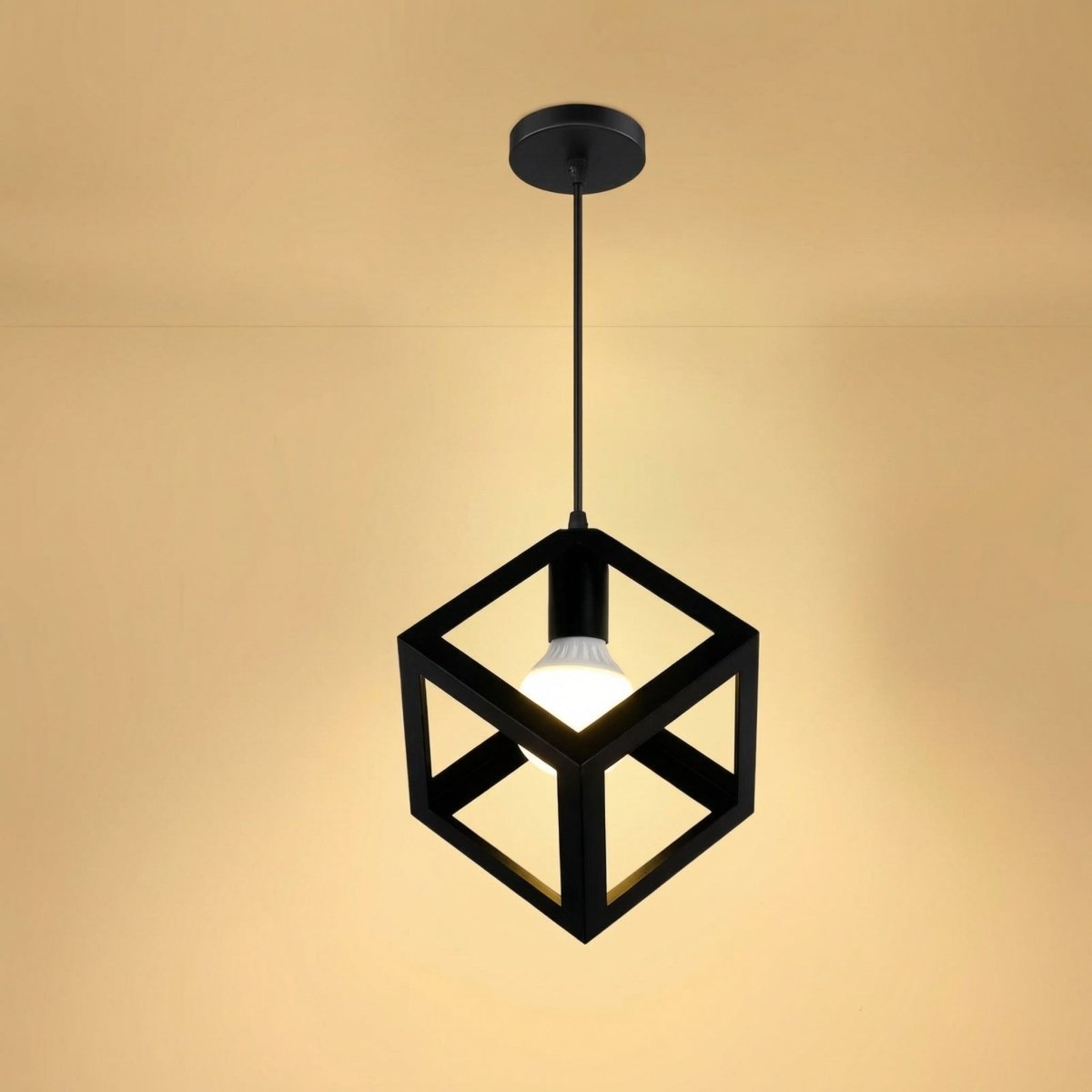Lampa wisząca w kształcie sześcianu z czarnego metalu, nowoczesny design, wysokość 12 cali