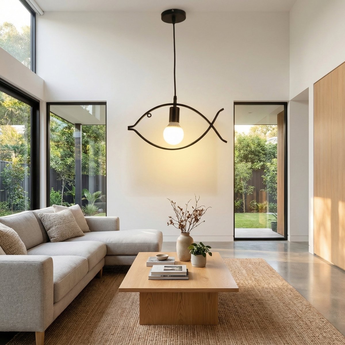 Moderne hanglamp met visframe in zwart metaal, 18 inch