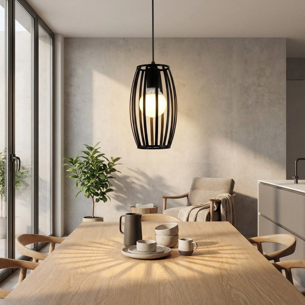 Black Metal Pendant Light With Oval Cage Design For Modern Spaces
