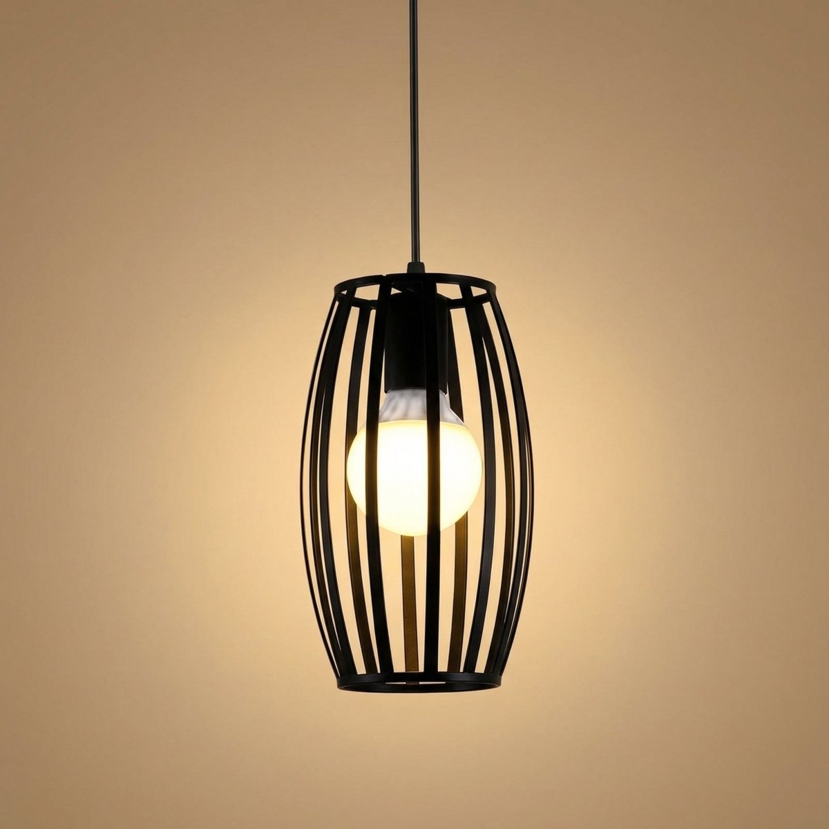 Black Metal Pendant Light With Oval Cage Design For Modern Spaces