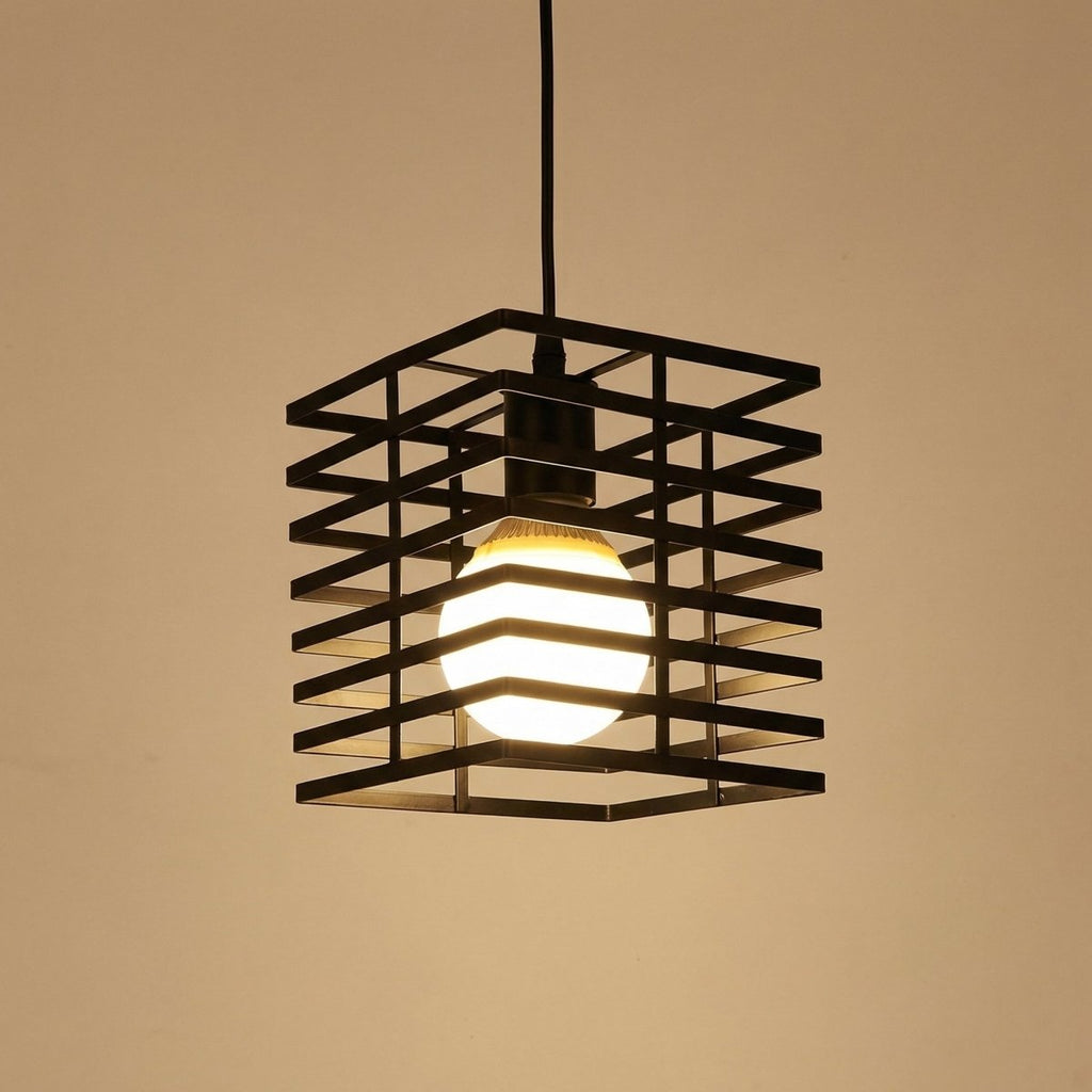 Black Metal Pendant Light With Square Cage Design, 12x12 Inches